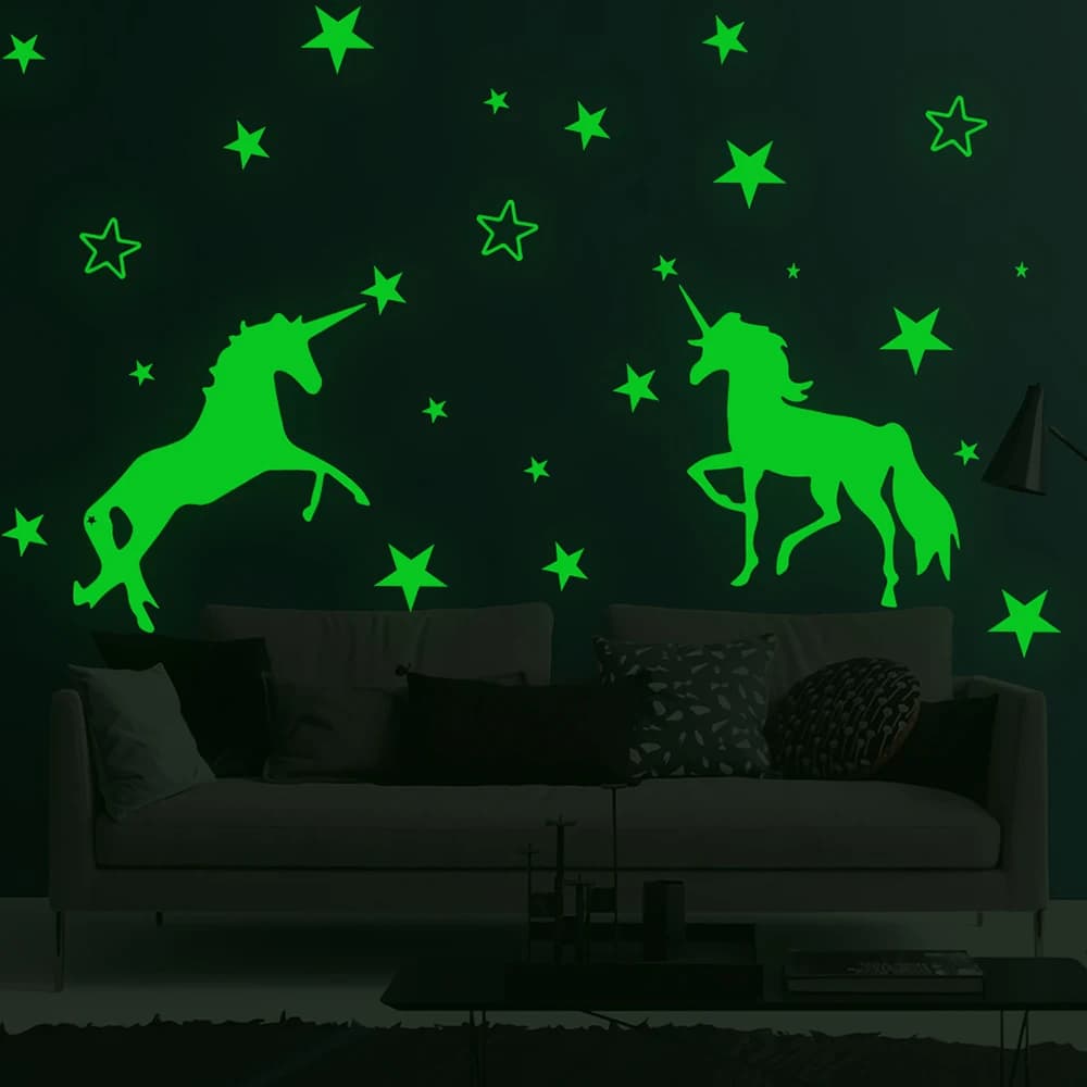 Luminous Unicorn 3D Wall Stickers Set Green Stars DIY Art Decals Glow ...