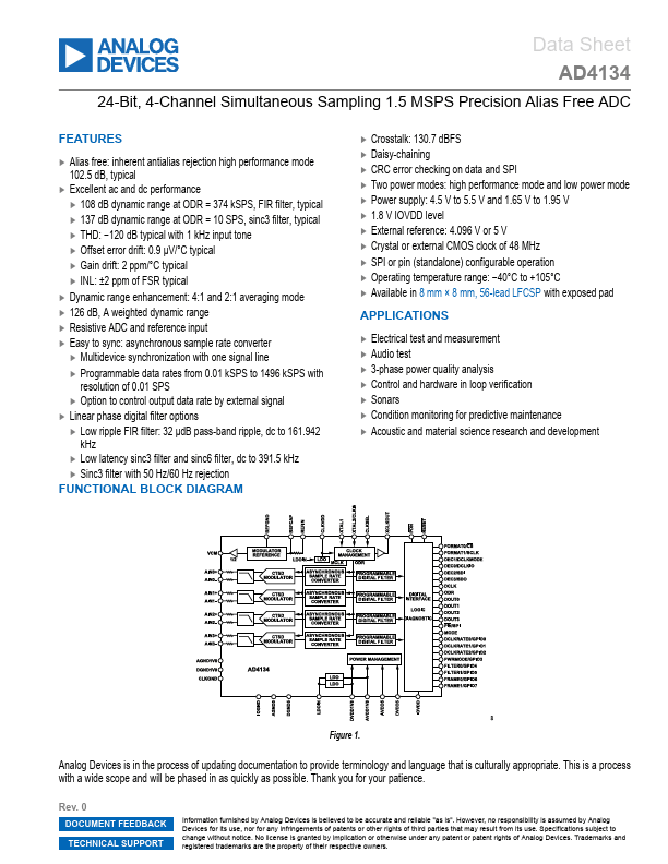 AD4134 Datasheet (1.5 MSPS Precision Alias Free ADC) | Analog Devices
