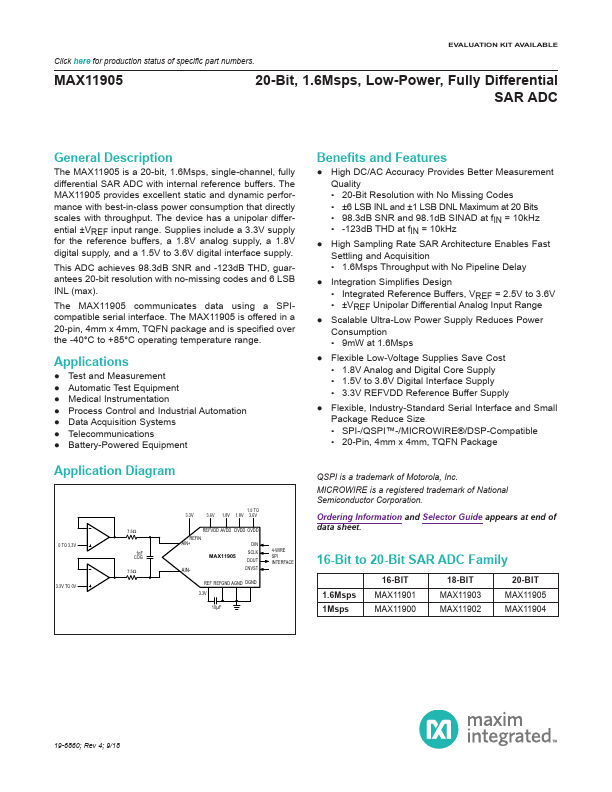 MAX11905 datasheet PDF – SAR ADC | Maxim Integrated