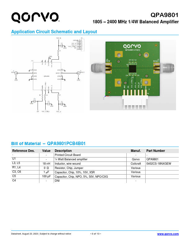QPA9801 Datasheet (1/4W Balanced Amplifier) | Qorvo