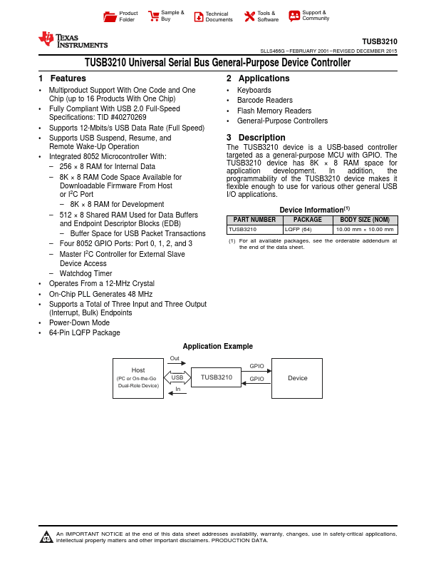 TUSB3210 datasheet PDF – Device Controller | Texas Instruments