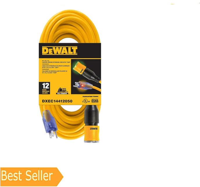 DEWALT 50 Foot 12/3 SJTW Click-to-Lock Lighted Extension Cord Heavy ...