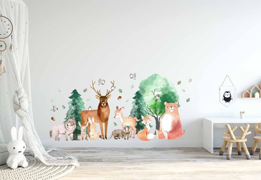 Woodland Forest Animal Wall Decals – Deer, Bear, Fox, Trees, Nature ...