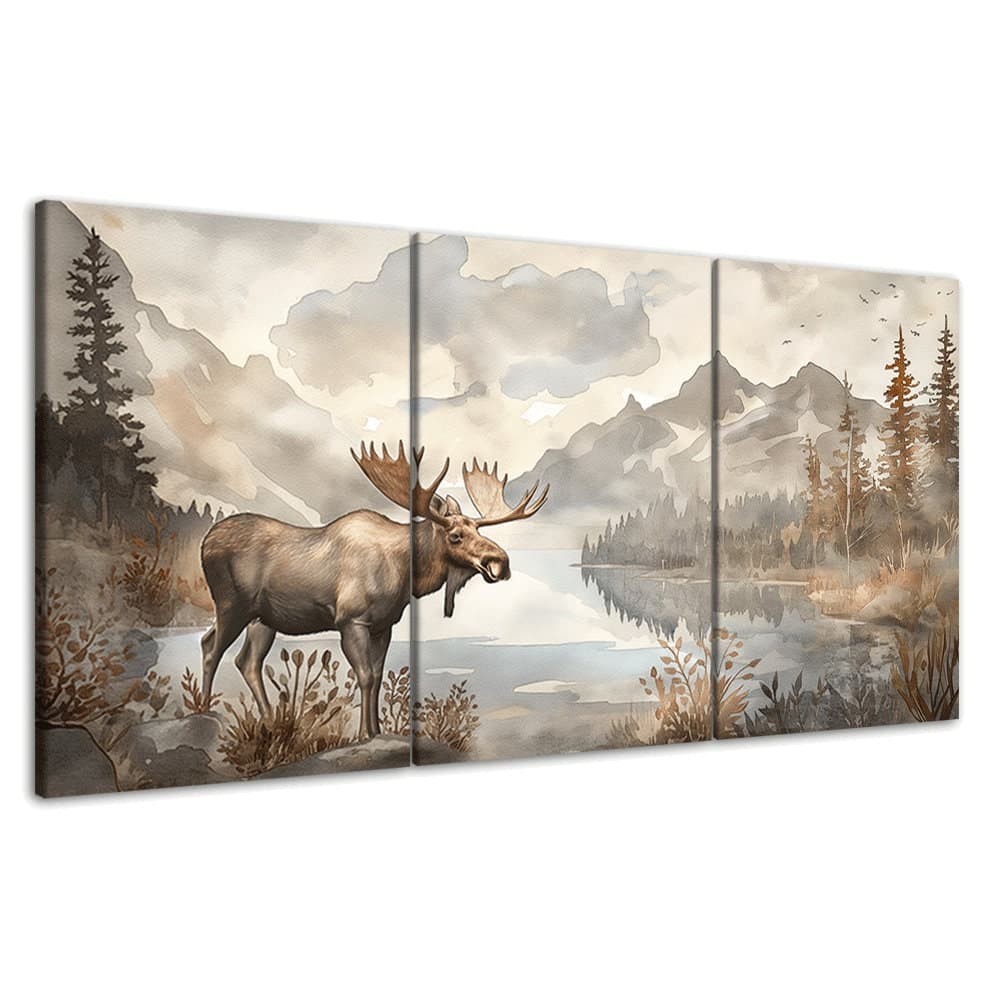 Moose Wild Animal Mountain Lake Scenery 3 Piece Canvas Wall Art Framed ...