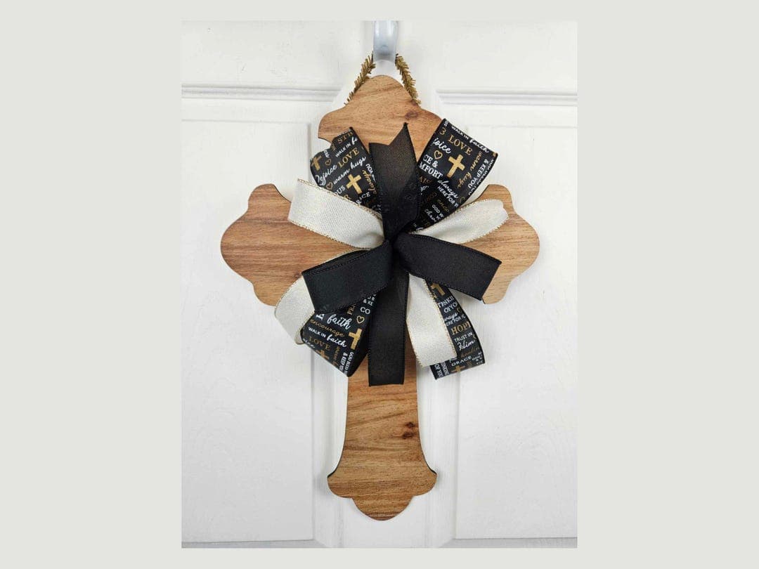 Handmade Wooden Cross Door Hanger With Black and Cream Ribbon ...