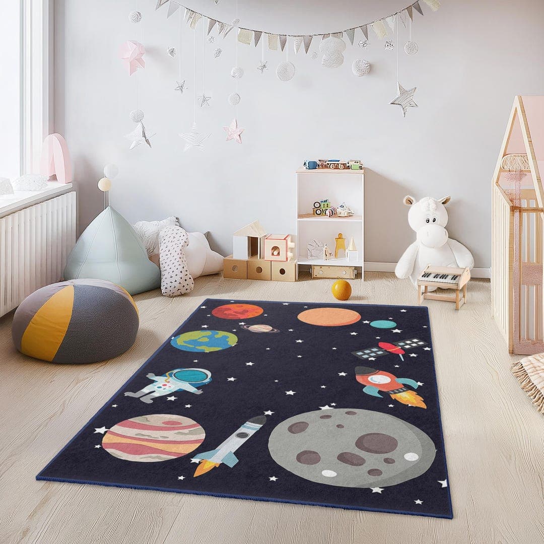Outer Space Adventure Kids Rug, Rocket Ship and Planet Play Mat ...