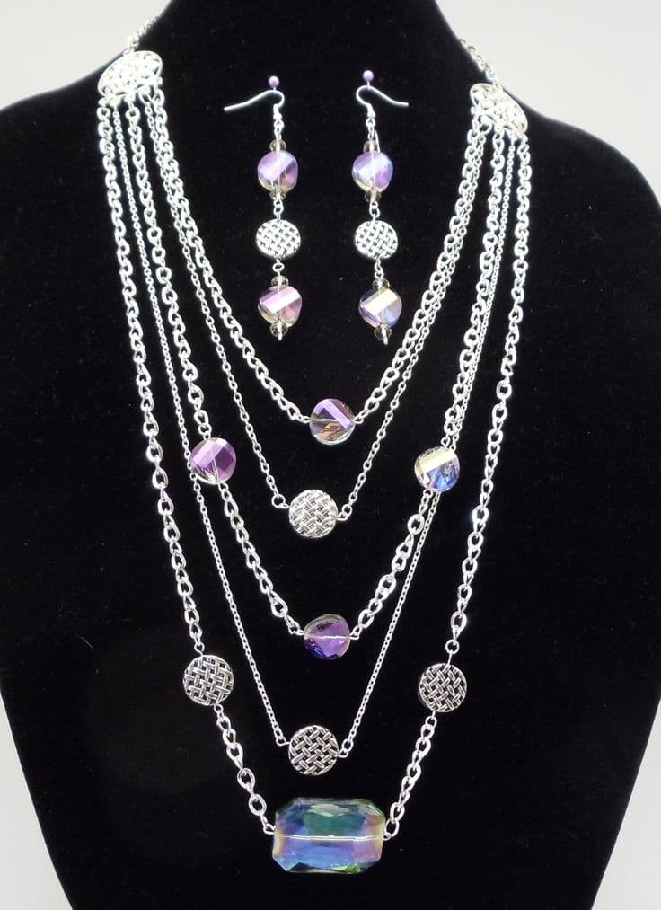 Iridescent Bead Necklace with Silver Toned Chains