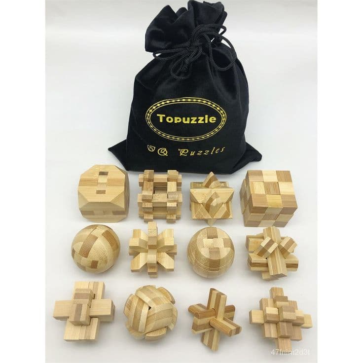 Set of 12PCS IQ Educational Bamboo Burr Puzzle Interlocking Mind Brain ...