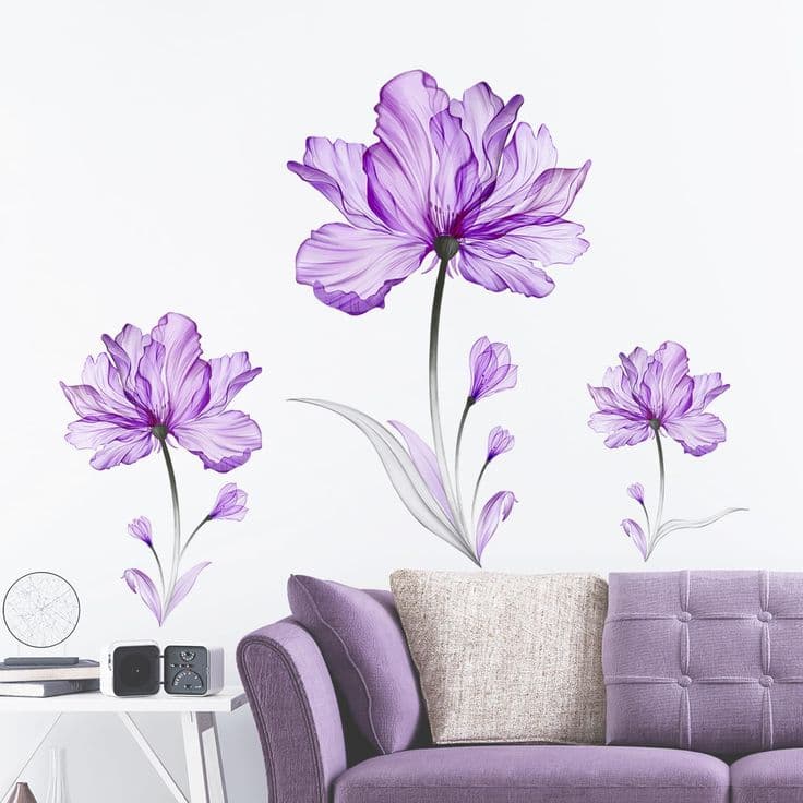 Tanlaby Purple Flowers Wall Stickers Large Floral Blossom Wall Decals ...