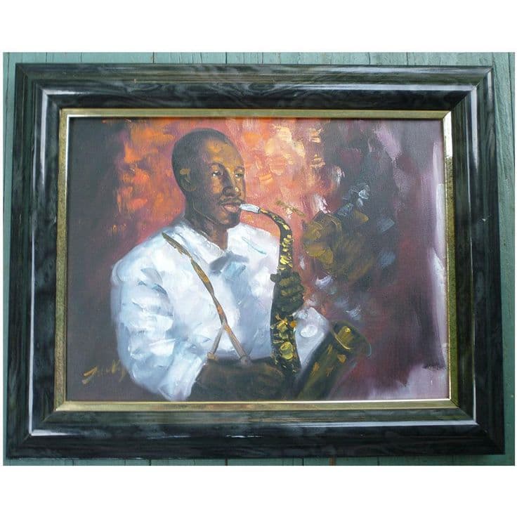 Portrait of Modern Jazz Musician with Sax Framed Painting