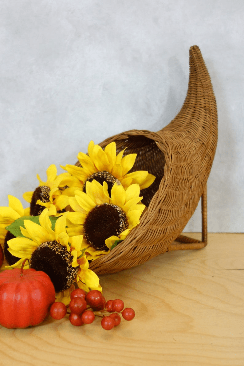 Vintage Woven Cornucopia, Fall Table Decor, Thanksgiving Centerpiece