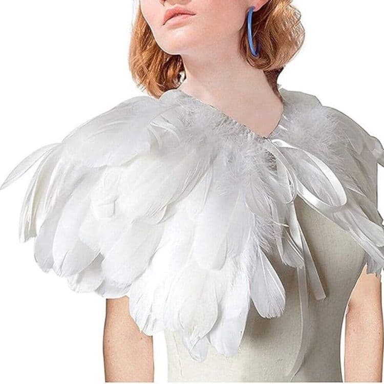 Feather Cape White Shawl | Beige shawl, Feather cape, Fancy dresses party