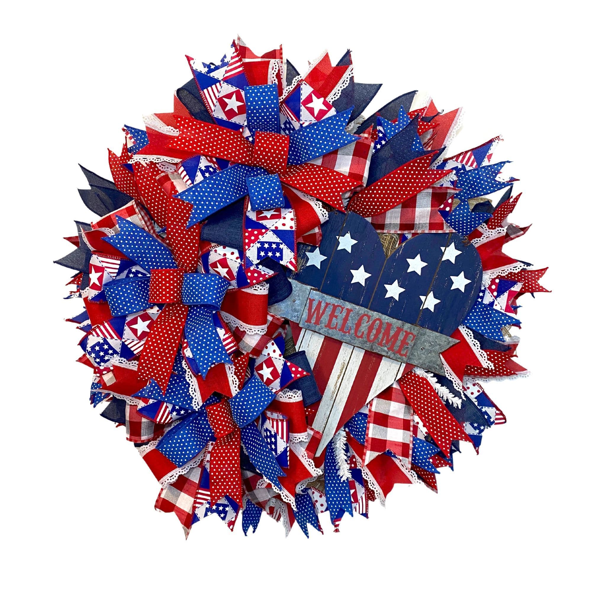 Celebrate USA with this patriotic deco mesh wreath! Red, white and blue ...