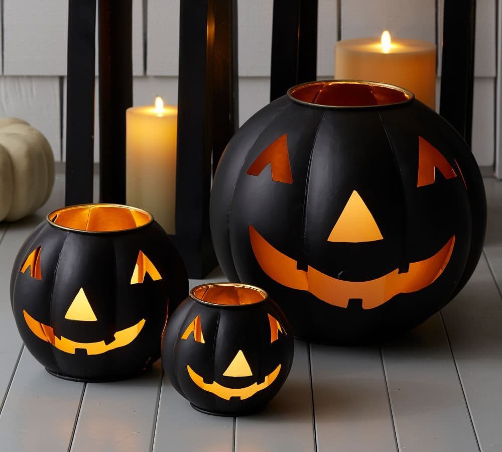 Metal Jack-O-Lantern Candle Holder | Pottery barn halloween, Lantern ...