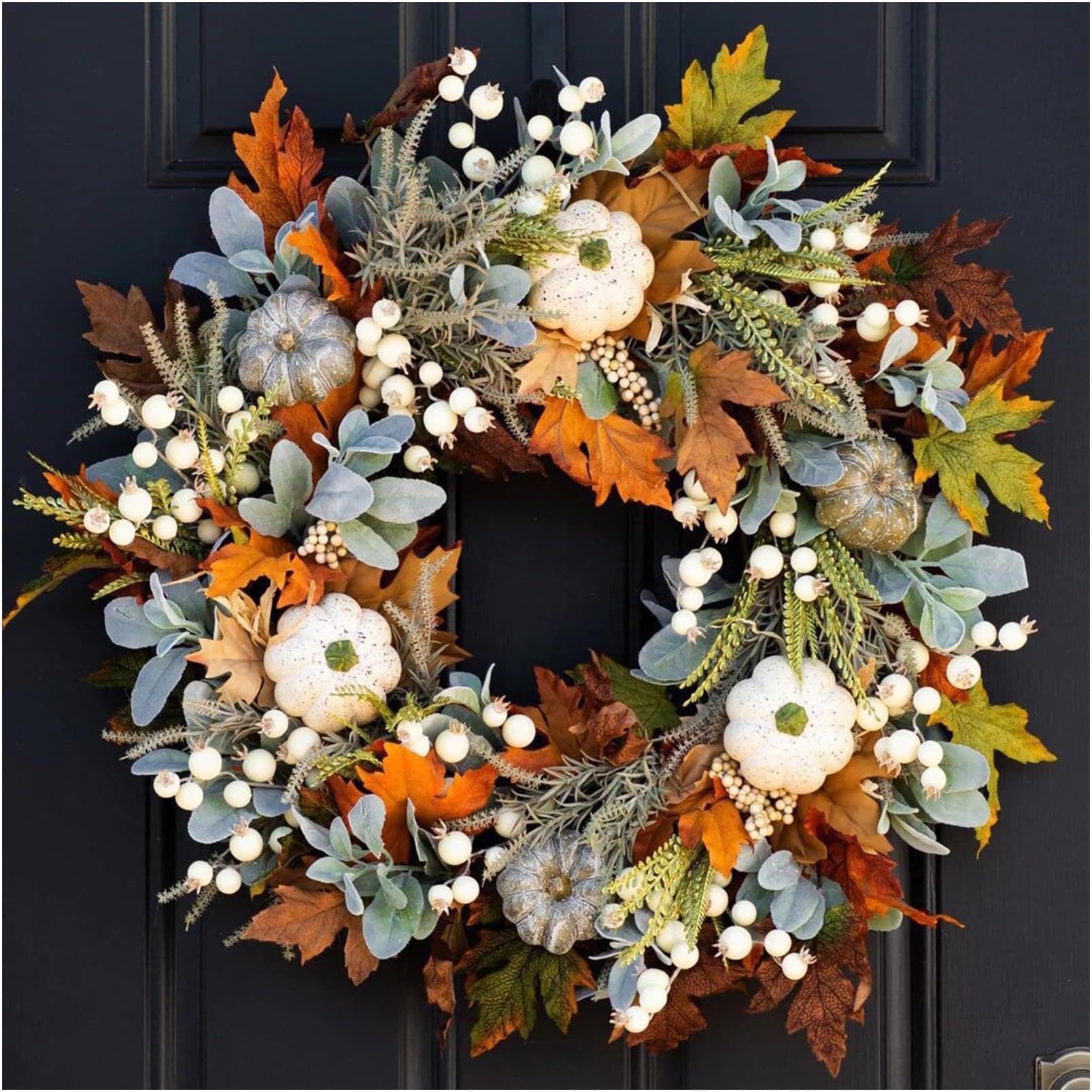 Fall Wreaths for Front Door Harvest Wreath with White Pumpkin Cotton ...