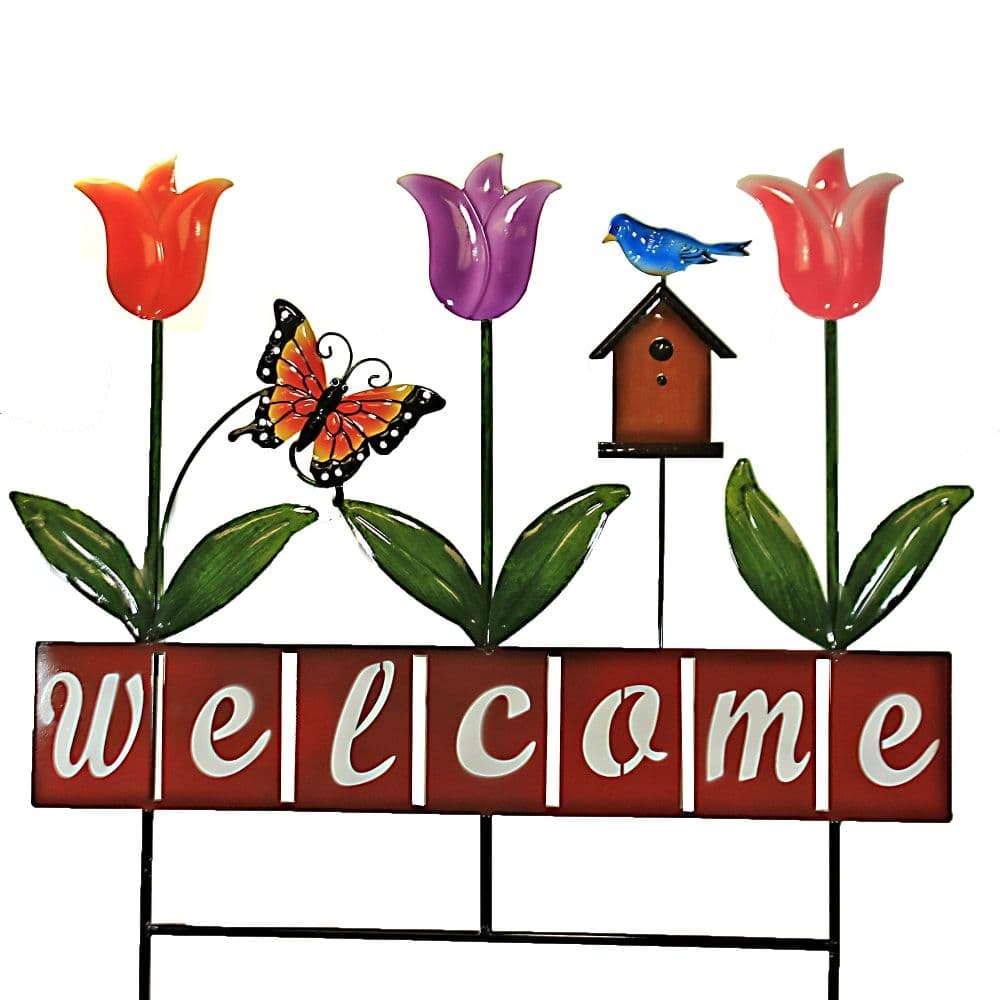 Welcome Stake with Tulips & Butterfly - Home & Garden Decor