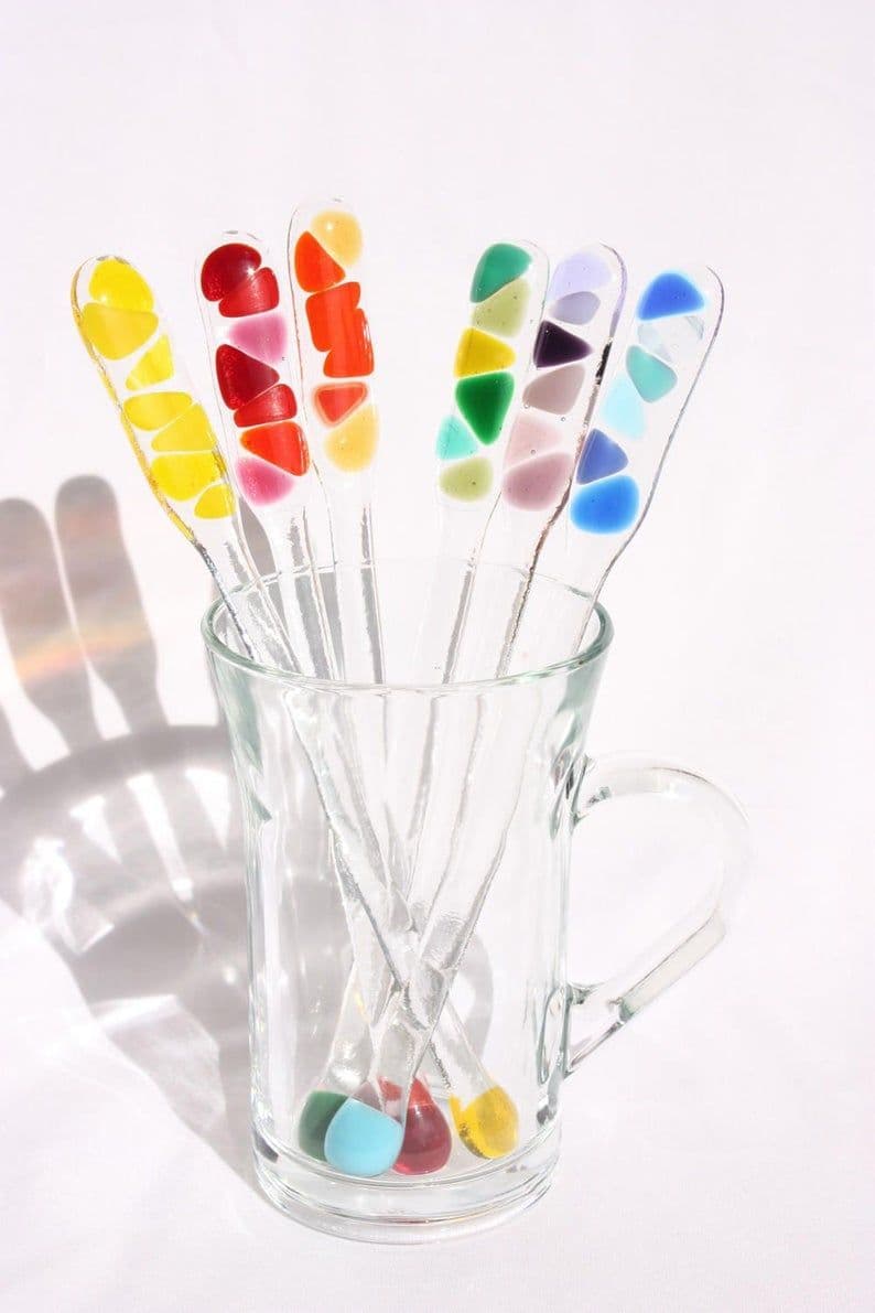 Rainbow Swizzle Sticks, Set of Six Fused Glass Cocktail Stirrers ...