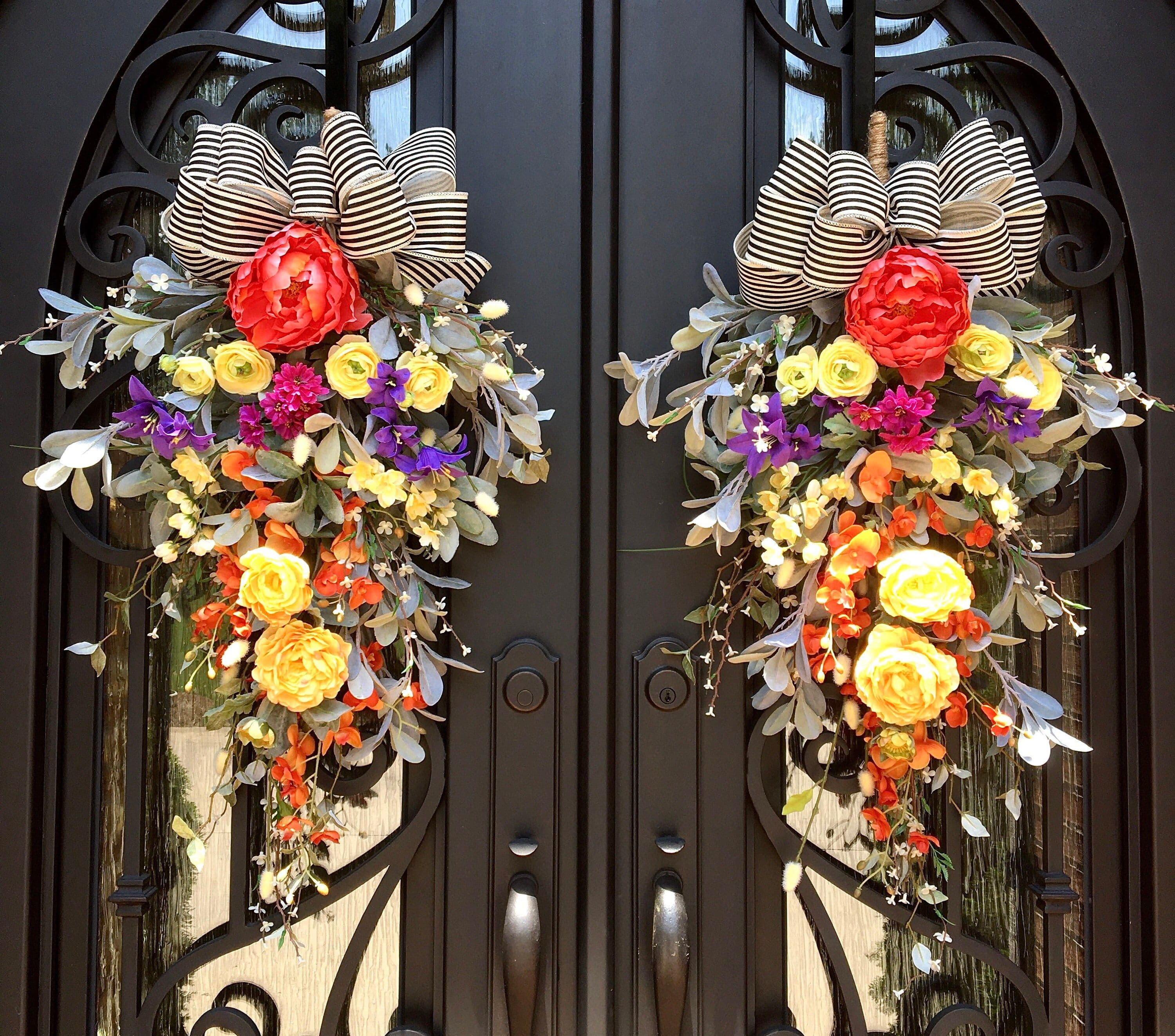 Elegant Summer Swags for Double Doors, Farmhouse, Lamb's Ear, Colorful ...