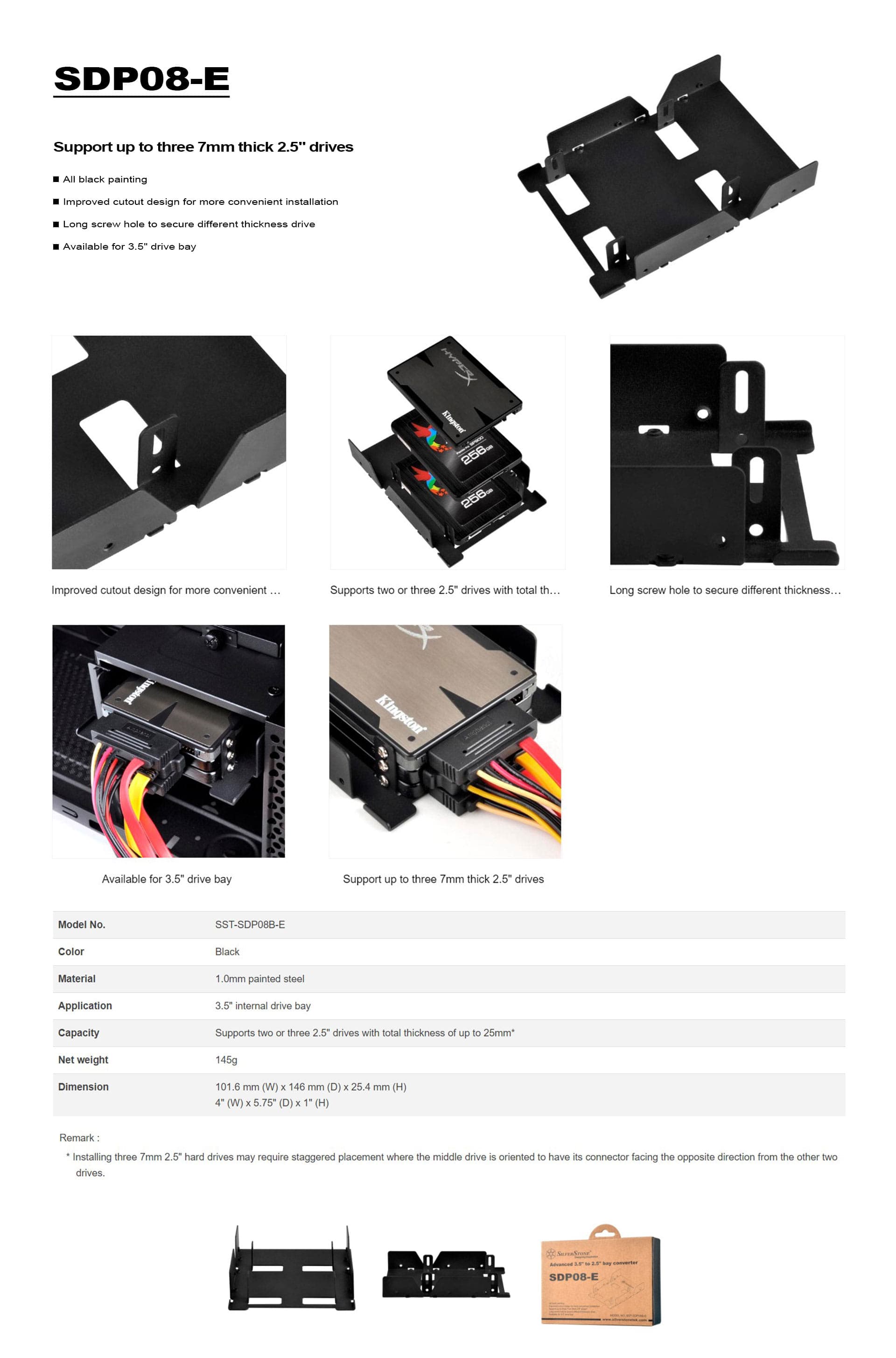 SilverStone SDP08B-E, 3.5 to 3 x 2.5 Drive Bay Converter, Black