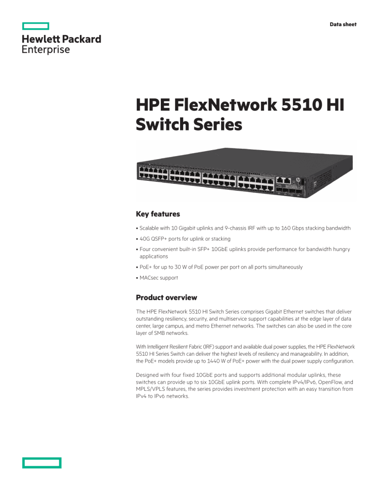 HPE FlexNetwork 5510 HI Switch Series Data Sheet
