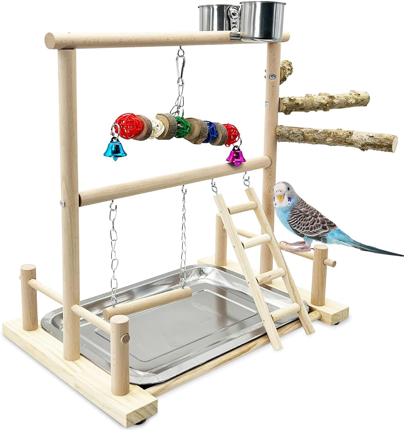 HIBAMSTOR Bird Playground Natural Wood Parrot Play Gym Playstand Wooden ...