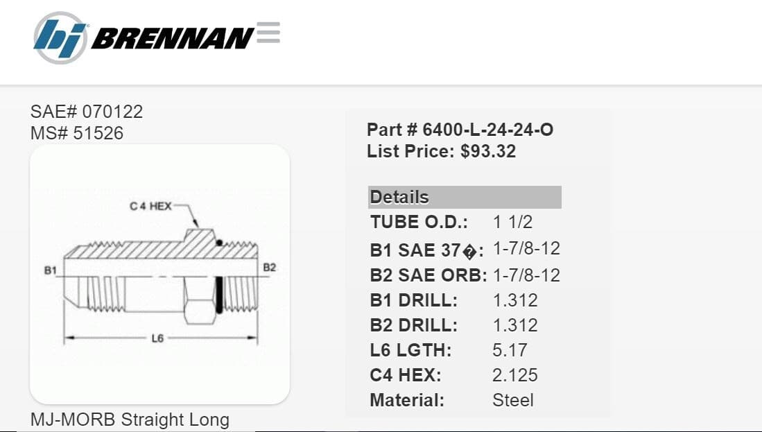 Brennan Industries 6400-gal-24-24-O Long Adapter Fitting 24MJx24ORB JIC/O ...