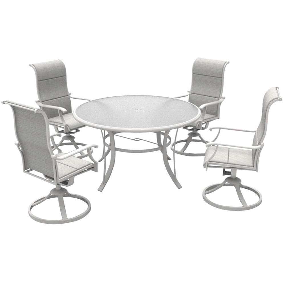 Hampton Bay Riverbrook Shell White Round Glass Top Aluminum 5-Piece ...