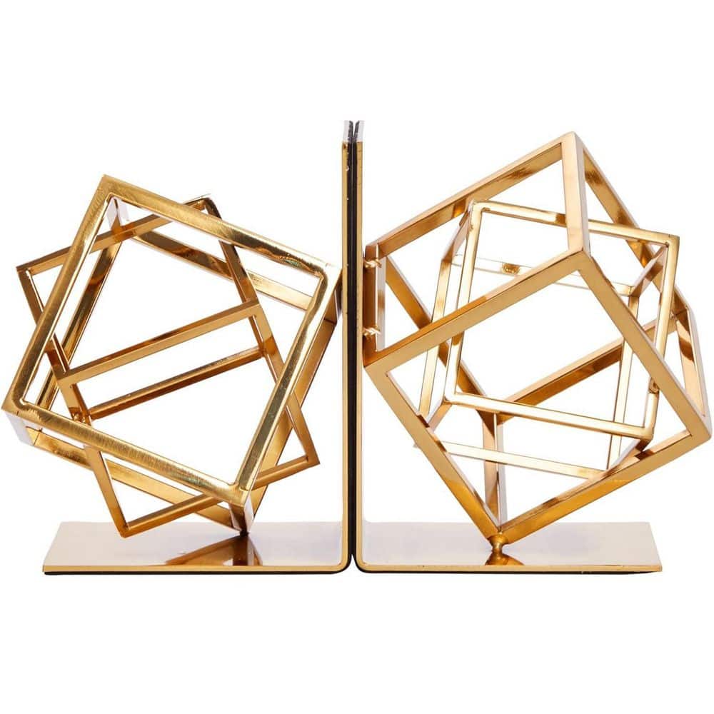 3.1"D x 5"W x 5.5"H Gold Geometric Square Metal Bookends:Slip-Resistant ...