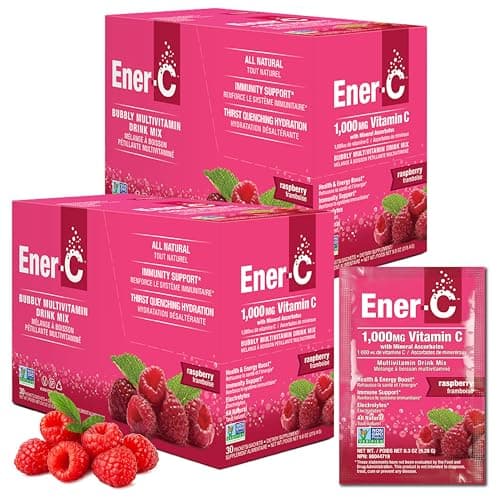 Ener-C Raspberry Multivitamin Drink Mix, 1000mg Vitamin C, Non-GMO, Vegan, Real Fruit Juice Powders, Natural Immunity Support, Electrolytes, Gluten Free, 2-Packs of 30 (60 Count)