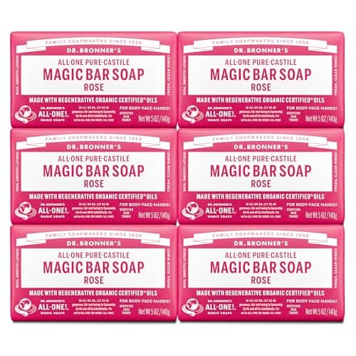 Dr. Bronner’s - Pure-Castile Bar Soap (Rose, 140g, 6-Pack) - Made with Organic Oils, For Face, Body and Hair, Gentle and Moisturizing, Biodegradable, Vegan, Cruelty-free, Non-GMO