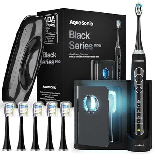 Aquasonic Black Series Ultra Whitening Toothbrush – ADA Accepted electric toothbrush- 8 Brush Heads & Travel Case – 40,000 VPM Electric Motor & Wireless Charging - 4 Modes w Smart Timer