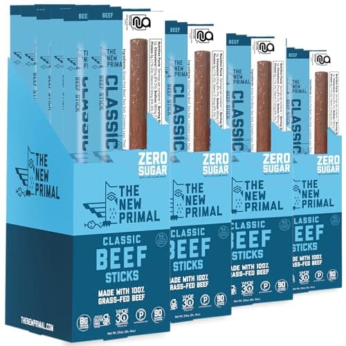The New Primal Grass Fed Beef Sticks, Keto & Gluten Free Healthy Snacks for Adults, Sugar Free Low Carb High Protein Snack, Paleo Whole30 Jerky Meat Stick, 6g Protein, 80 Calories, 80 Pack
