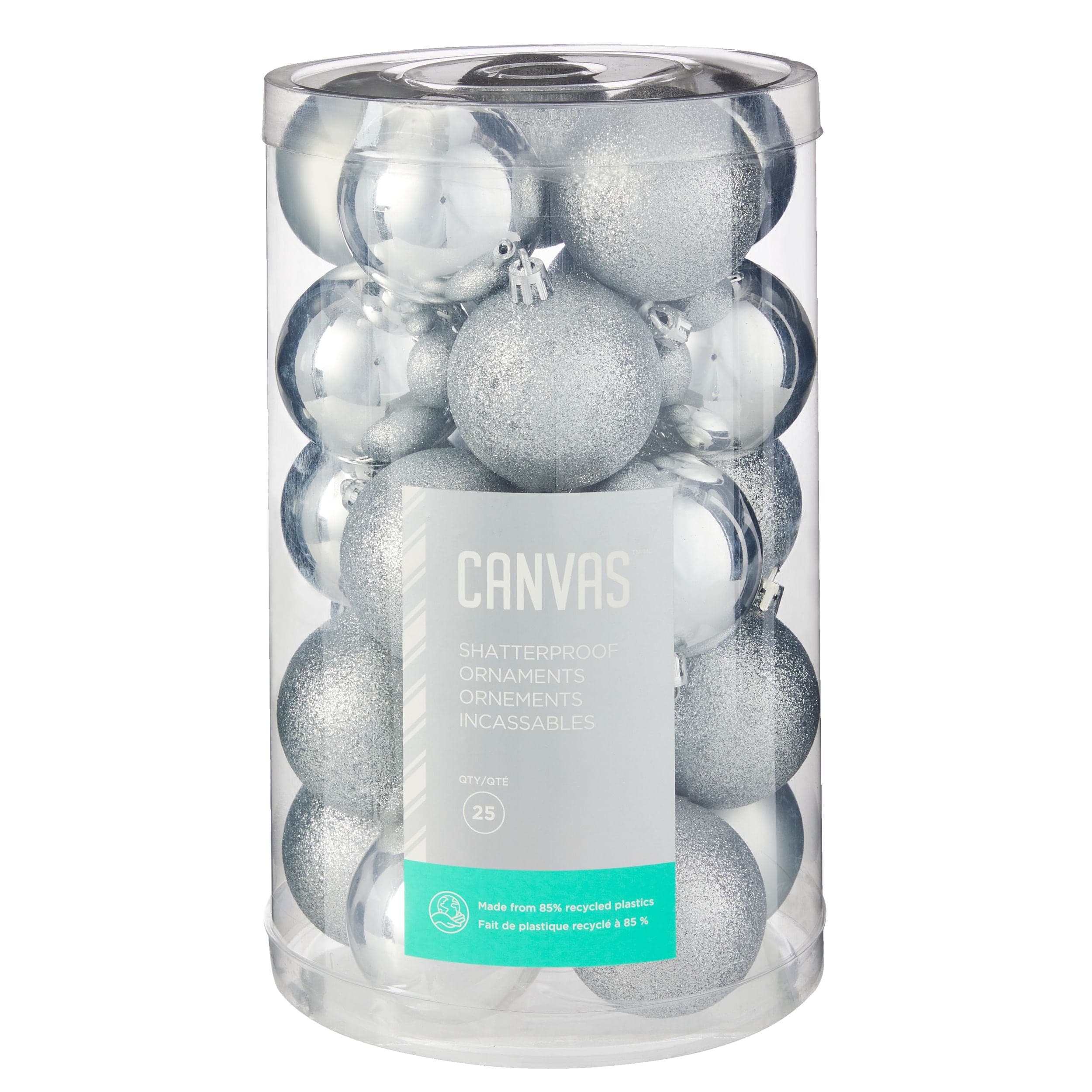 CANVAS Shatterproof Recycled Christmas Ornament Set, Silver, 60-mm, 25 ...