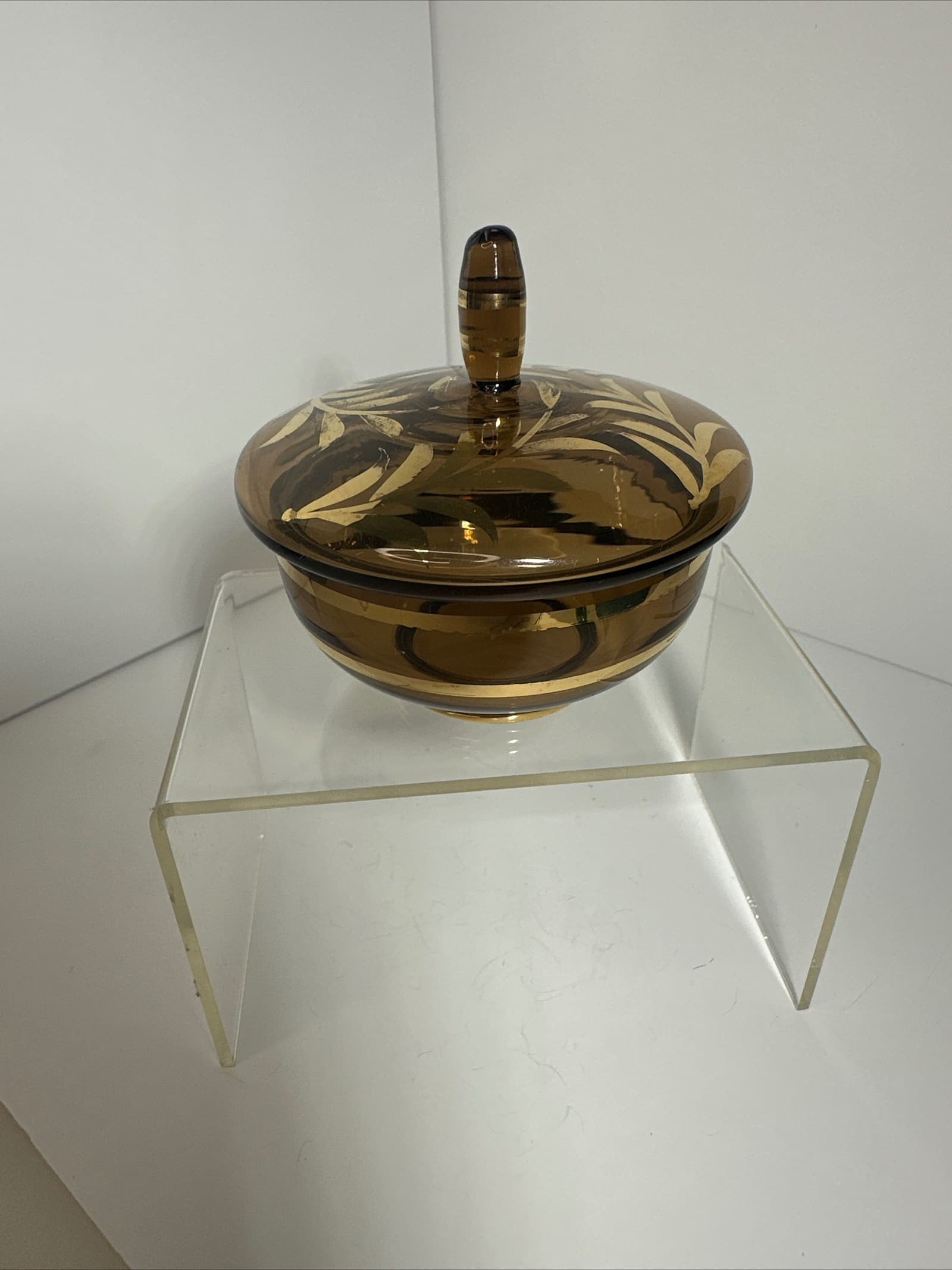Vintage Amber Glass Trinket Box With Gold Leaves