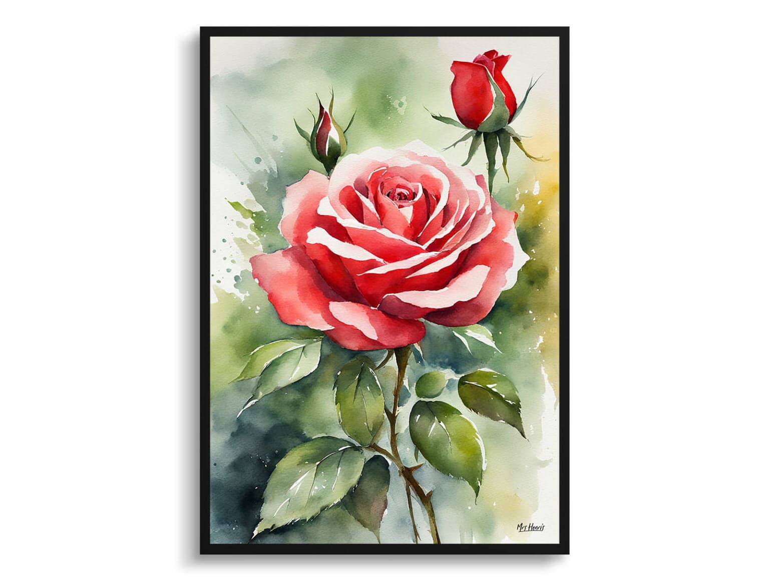 Garden Watercolour Botanical Art Print - Red rose Framed Plant Wall Art ...