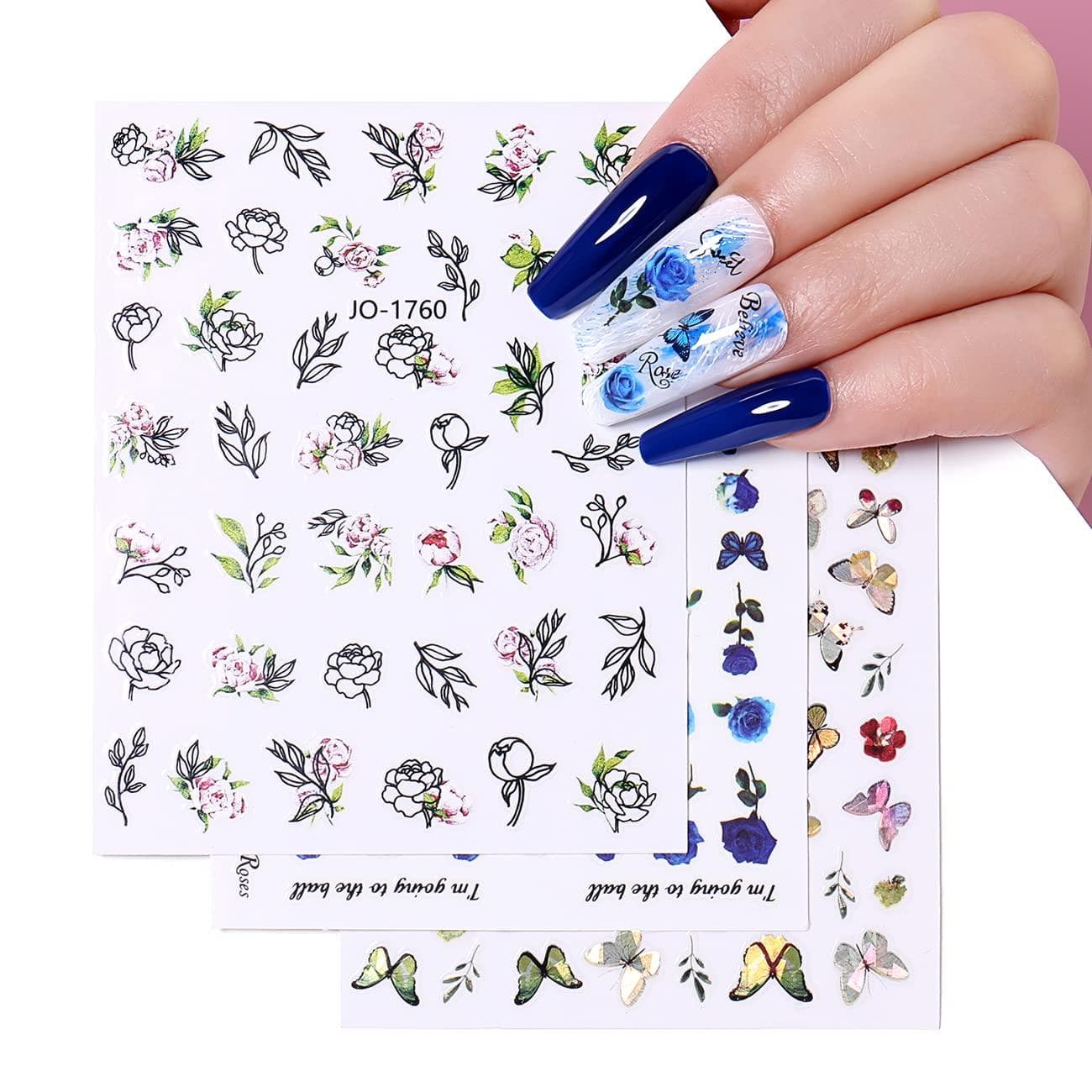 AIMEILI 30 Sheets Colorful Butterfly Flower 3D Nail Art Stickers - Self ...